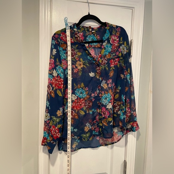 Kut From The Kloth Size MP Navy Blue Floral Sheer Long Sleeve Button Down Top - Picture 7 of 10
